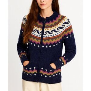 Native Knit Fair Isle Full Zip Sweater Women L Navy Blue Wool Cotton Hand Knit